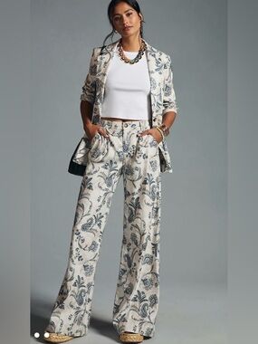 Anthropologie Wide Leg Pants Size 10 Ivory Blue Floral Linen Blend NWT $148